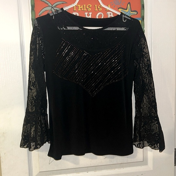 FLARE LACE BLACK SLEEVES BEDAZZLED RHINESTONE TOP LACE DETAILING SPARKLY - Picture 2 of 11